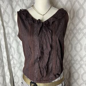 Y2K Clothing By Notations Brown Blouse, Sleeveless 100% Cotton Ruffles Large ￼￼